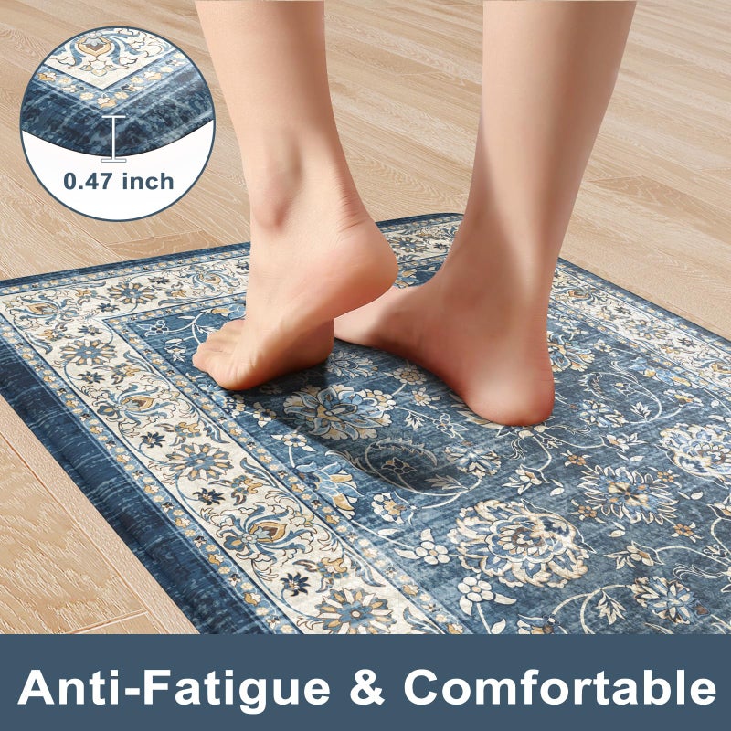 KIMODE Kitchen Mats Cushioned Anti Fatigue, Boho Oriental Kitchen Rugs Sets of 2, Blue Kitchen Mats for Floor, Padded Kitchen Floor Mat, Non Slip Standing Desk Mats for Sink Laundry Office - Image 3