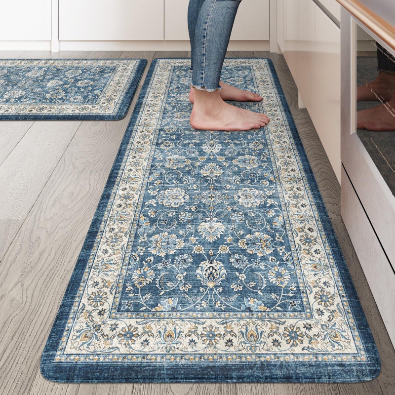 KIMODE Kitchen Mats Cushioned Anti Fatigue, Boho Oriental Kitchen Rugs Sets of 2, Blue Kitchen Mats for Floor, Padded Kitchen Floor Mat, Non Slip Standing Desk Mats for Sink Laundry Office - Image 1