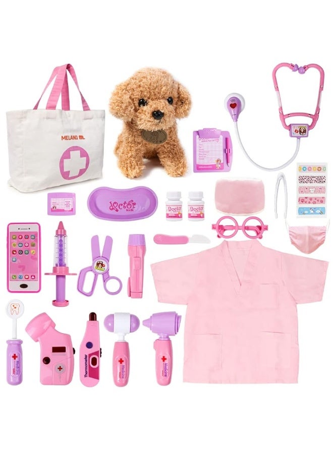 Meland Toy Doctor Kit for Girls - Pretend Play Doctor Set with Dog Toy, Carrying Bag, Stethoscope Toy & Dress Up Costume - Doctor Play Gift for Kids Toddlers Ages 3 4 5 6 Year Old for Role Play - Image 3