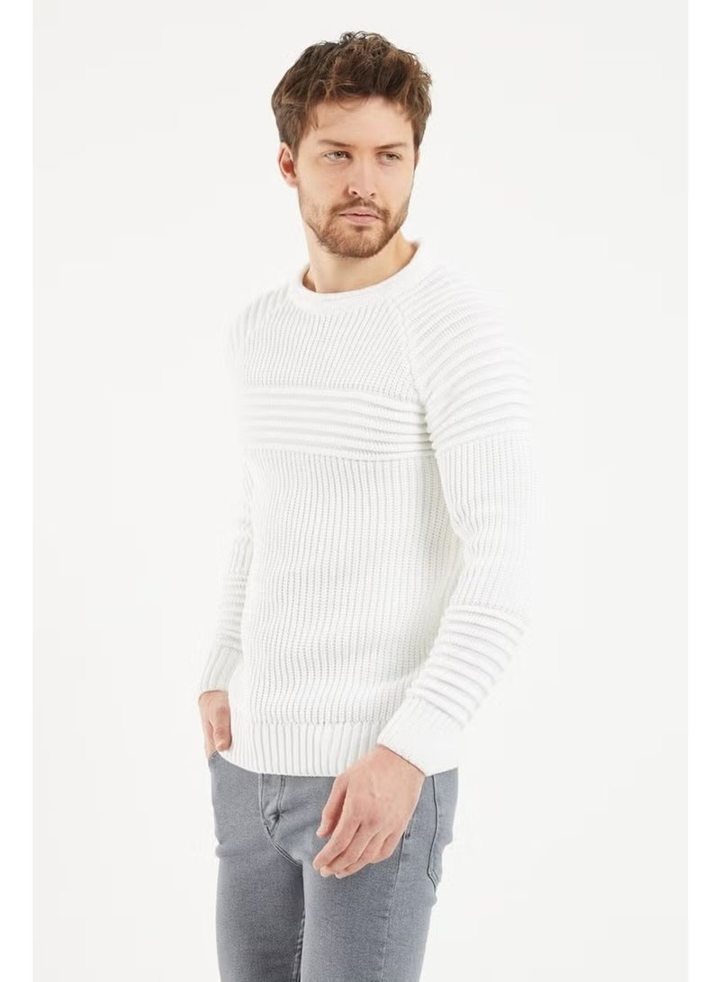 Cool Tarz Cool Style Men's White Ribbed Crew Neck Knitwear Sweater - Image 3