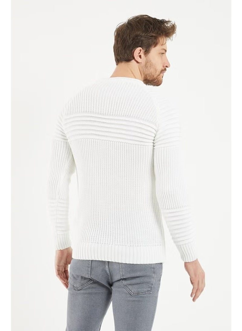 Cool Tarz Cool Style Men's White Ribbed Crew Neck Knitwear Sweater - Image 2