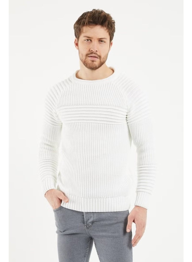 Cool Tarz Cool Style Men's White Ribbed Crew Neck Knitwear Sweater - Image 1