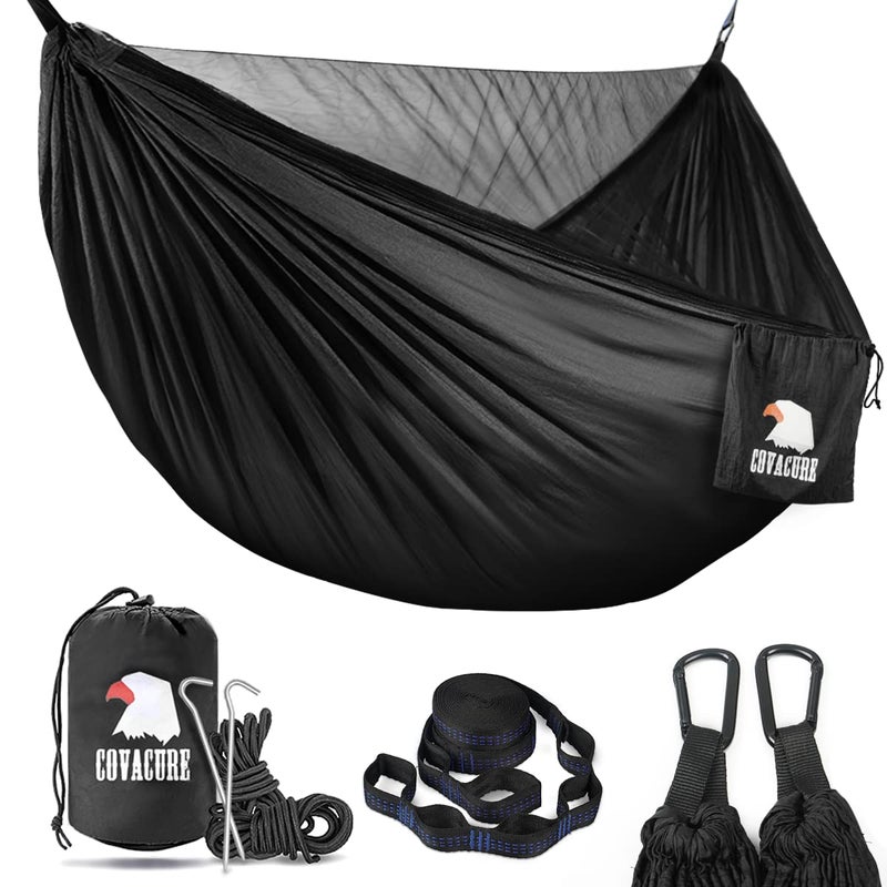 Covacure Camping Hammock - 772lbs Capacity Double Hammock with Tree Straps, Lightweight Parachute Nylon Outdoor Survival Gear for Hiking, Backpacking, Travel or Backyard (Black) - Image 1
