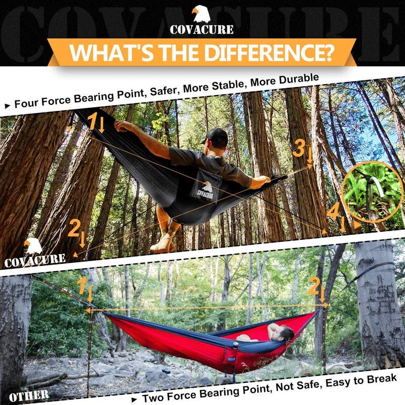 Covacure Camping Hammock - 772lbs Capacity Double Hammock with Tree Straps, Lightweight Parachute Nylon Outdoor Survival Gear for Hiking, Backpacking, Travel or Backyard (Black) - Image 3