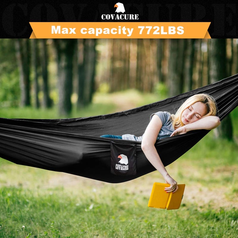 Covacure Camping Hammock - 772lbs Capacity Double Hammock with Tree Straps, Lightweight Parachute Nylon Outdoor Survival Gear for Hiking, Backpacking, Travel or Backyard (Black) - Image 2