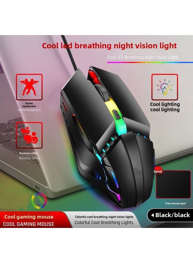 Mouse Wired Desktop Special Computer Internet Cafe Game No E-sports Notebook Mechanical Mute Home-Colour:4-key Cool Black + Free Mouse Pad / Colorful Breathing Light + 4-level Dpi Adjustment + Audio Version Qingying - Image 1