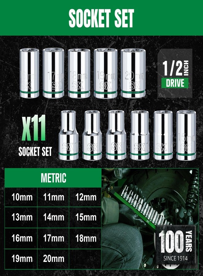 SK 1/2" Drive Socket Set, Metric Sockets, 11-Piece 10-20mm, SuperKrome Finish, Preminum CR-V Construction, with Aluminum Socket Organizer - Image 3
