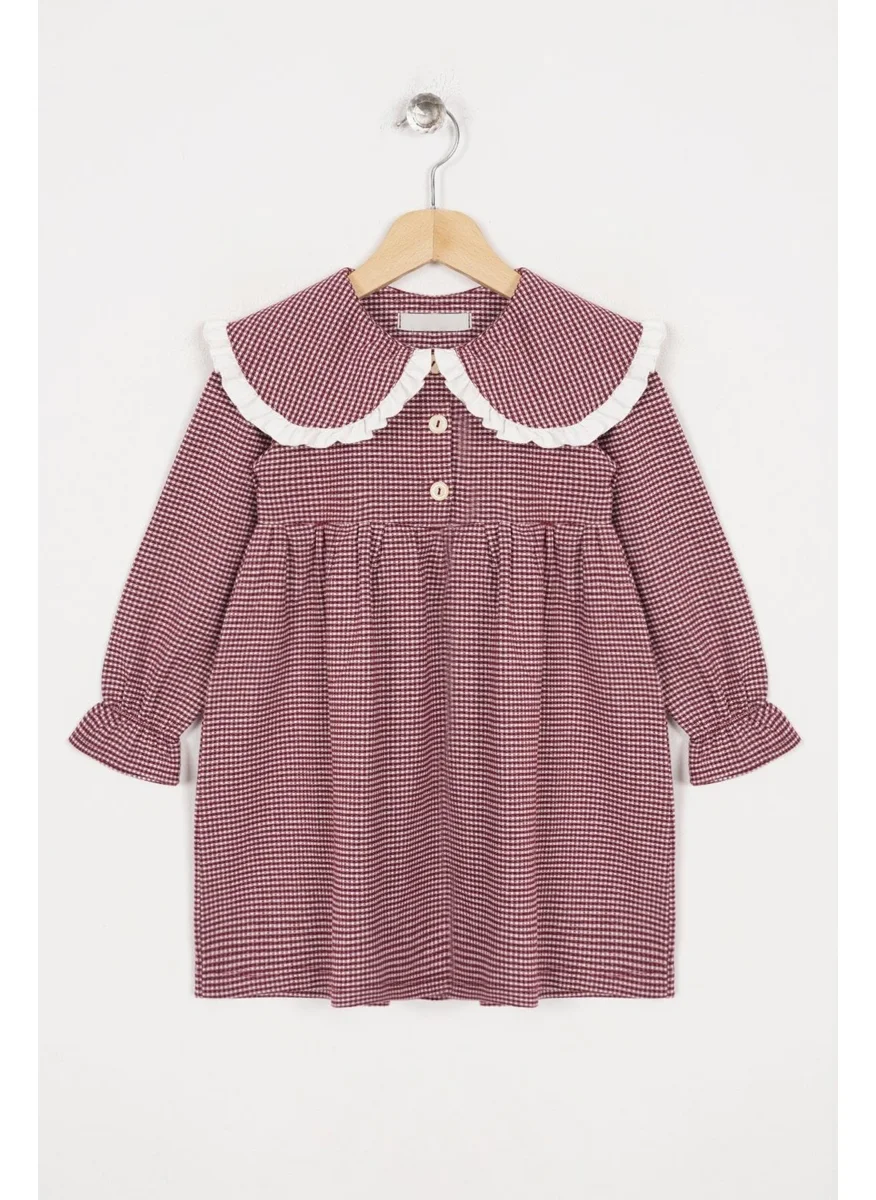 Zepkids Baby Collar Long Sleeve Plaid Baby Collar Buttoned Murmur Color Girl's Dress