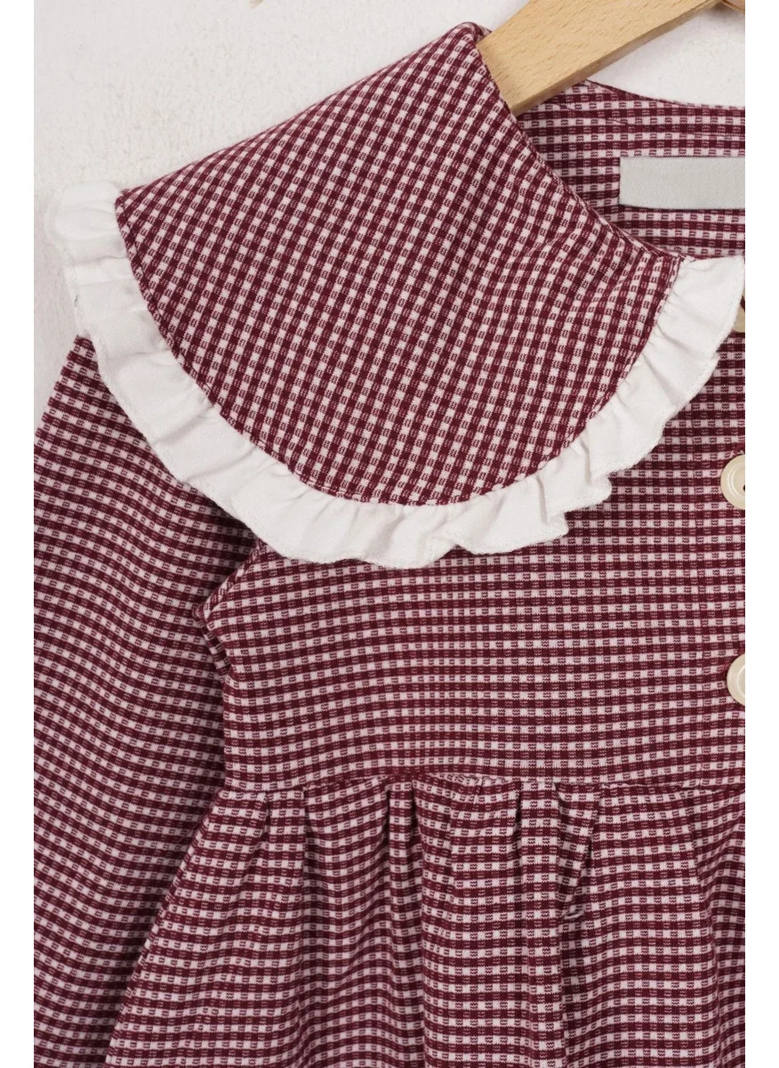 Zepkids Baby Collar Long Sleeve Plaid Baby Collar Buttoned Murmur Color Girl's Dress