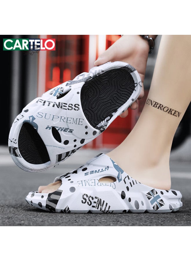 Cartelo Men's Thick-soled Slipper For Summer Outing With A Stepping Feeling Beach Shoes Men's Soft-soled One-word Drag White Black Size 43 - Image 2