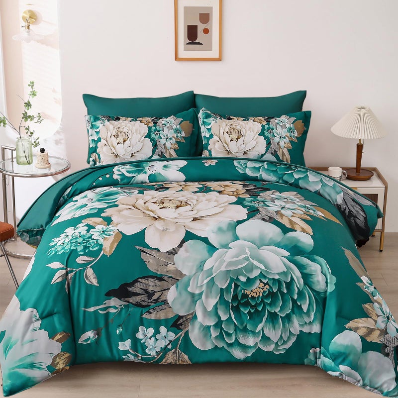 Dintszyayue Teal Comforter Set Queen 7 Pieces Bed in a Bag Elegant Floral Bedding Sets Teal Blue Flower Comforter Complete Soft Lightwieght Bed Set with Flat Sheet, Fitted Sheets, Pillowcases & Shams - Image 1