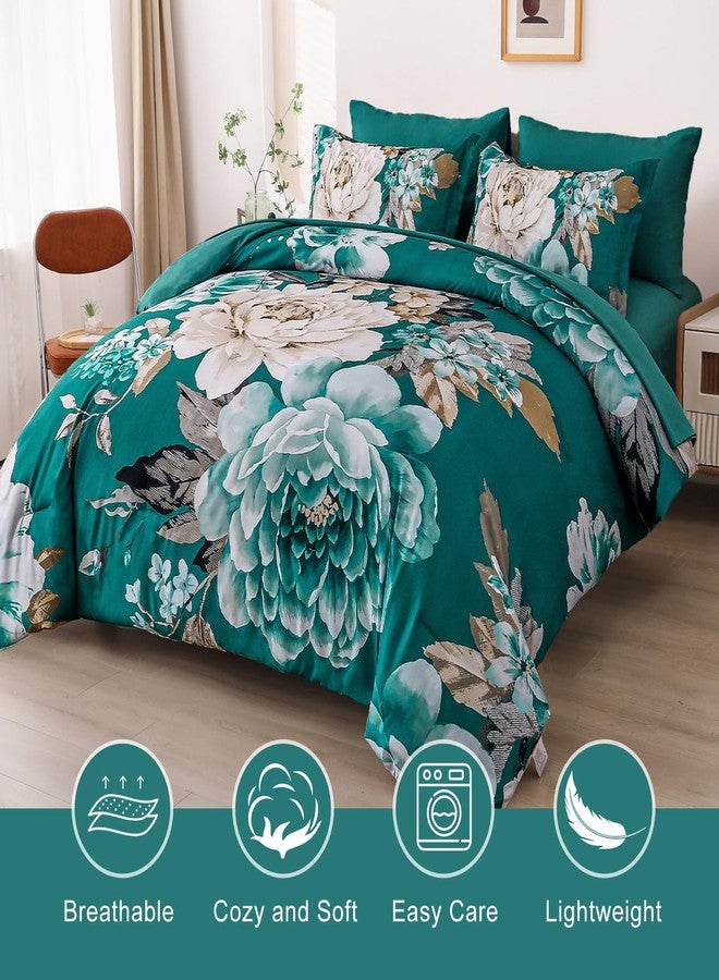 Dintszyayue Teal Comforter Set Queen 7 Pieces Bed in a Bag Elegant Floral Bedding Sets Teal Blue Flower Comforter Complete Soft Lightwieght Bed Set with Flat Sheet, Fitted Sheets, Pillowcases & Shams - Image 3