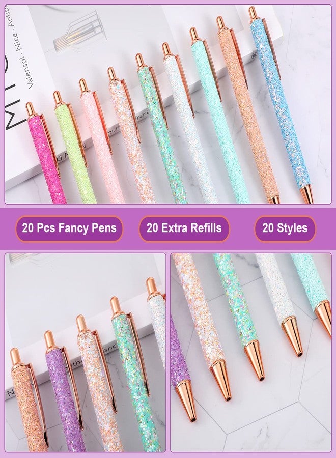 Handepo 20 Pcs Christmas Fancy Pens for Women Glitter Pens Retractable Click Ball for Journaling Metal Retractable Fancy Cute Pen and 20 Pcs Replacement Refills Black Ink Medium Point 1.0 mm - Image 3