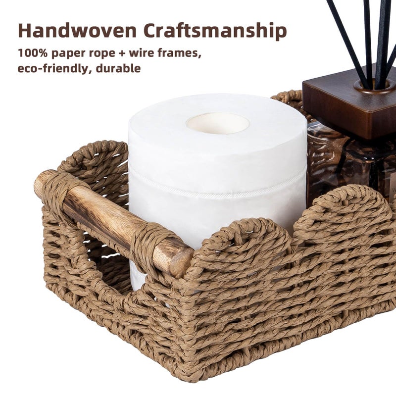 CubesLand Bathroom Basket Organizer w/Cut Out Handle, Back of Toilet Paper Storage Baskets Tray for Bathroom Countertop Decorative, Scalloped Wicker Basket Also for Home Decor, Living Room, Neutral - Image 3