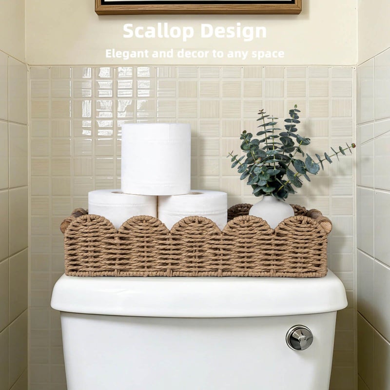 CubesLand Bathroom Basket Organizer w/Cut Out Handle, Back of Toilet Paper Storage Baskets Tray for Bathroom Countertop Decorative, Scalloped Wicker Basket Also for Home Decor, Living Room, Neutral - Image 2