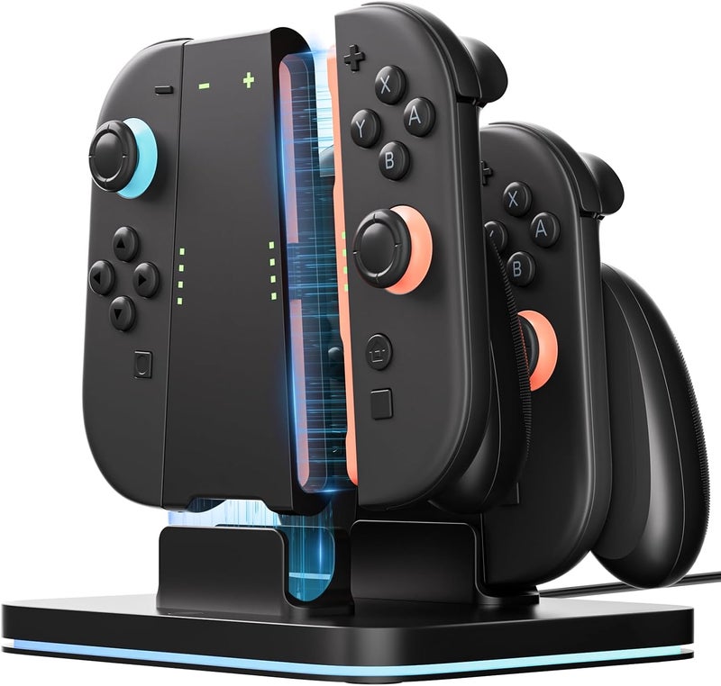COOWPS 3 في 1 مقبض شحن وقاعدة شحن لـ Nintendo Switch 2 Joy-Con 2025، مع مقبض مريح يتبع تصميمًا إرجونوميًا، قوة مغناطيسية قوية، قاعدة شحن سريعة، 9 أوضاع إضاءة RGB وكابل USB-C - Image 1