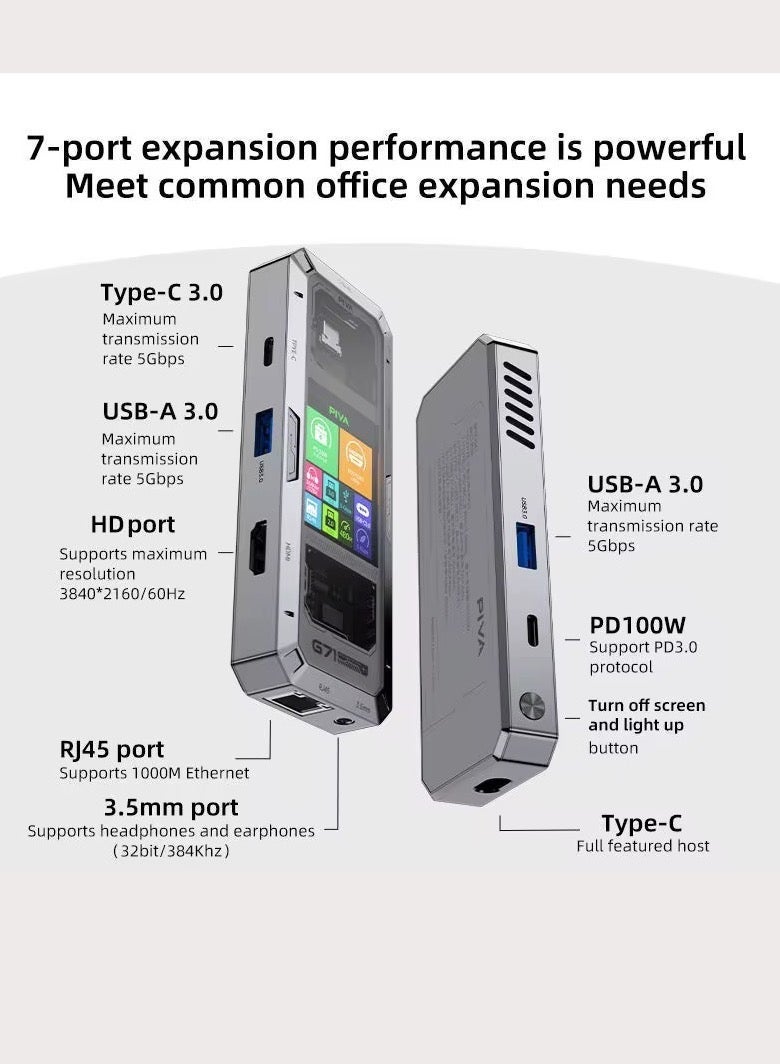 PIVA G71 USB-C 7-in-1 Smart Docking Station Multi-Function Hub with Built-in Display Screen, 4K HDMI, PD 100W Fast Charging, Gigabit Ethernet Adapter, USB 3.0 & Audio – Compatible with RedMagic, iPad, iPhone, Samsung & Laptops and PC - Image 2