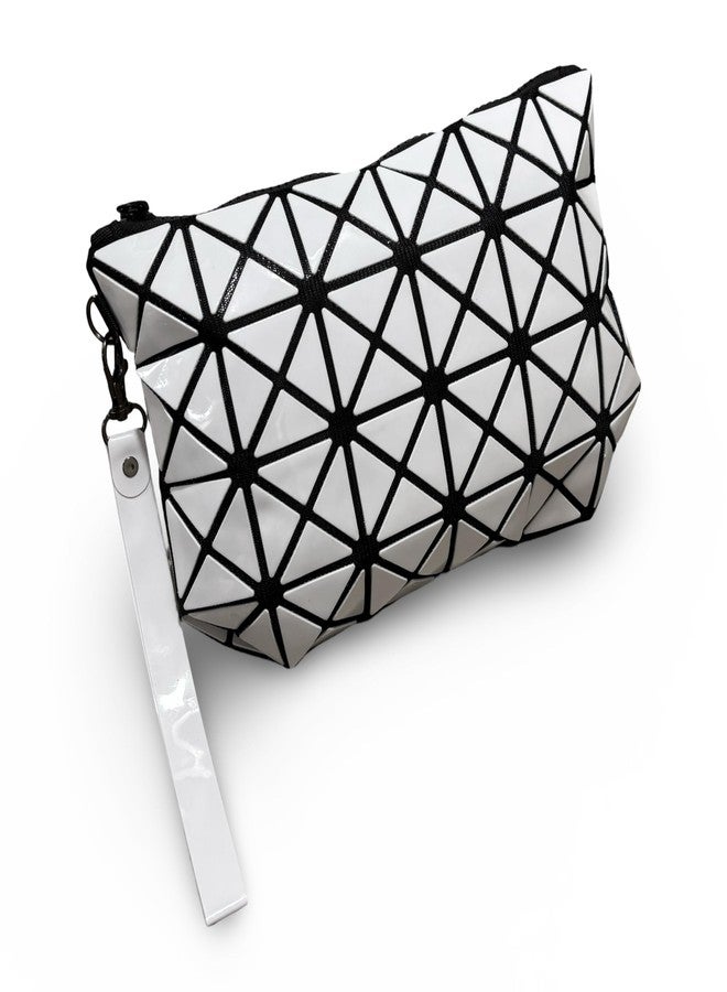 GLOSSY Geometric Pattern Holographic Pouch with Detachable Wrist Strap, Transformable Design, Makeup Pouch (White) - Image 1