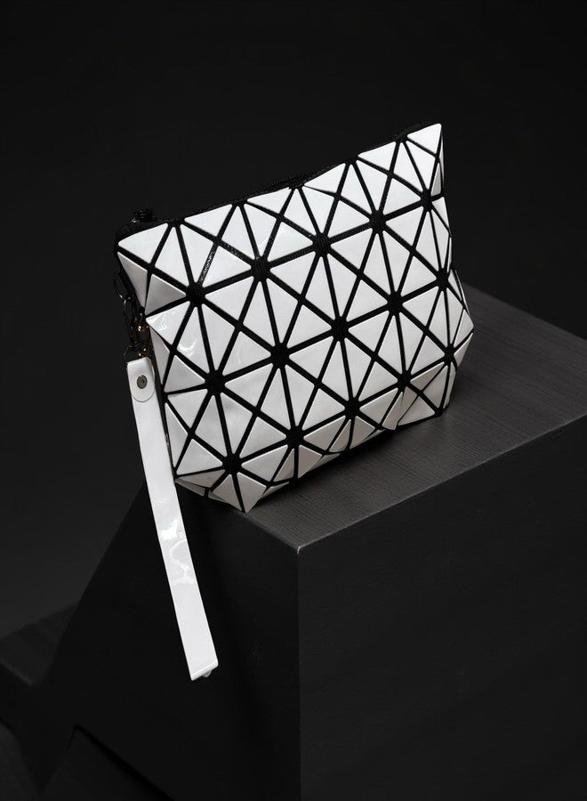 GLOSSY Geometric Pattern Holographic Pouch with Detachable Wrist Strap, Transformable Design, Makeup Pouch (White) - Image 3