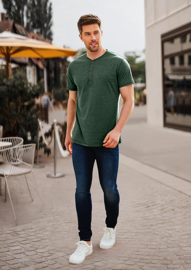 PEGENO Men's Casual Slim Fit Short Sleeve Henley T-Shirts Cotton Shirts (US Large, 01 Vg-Green) - Image 5