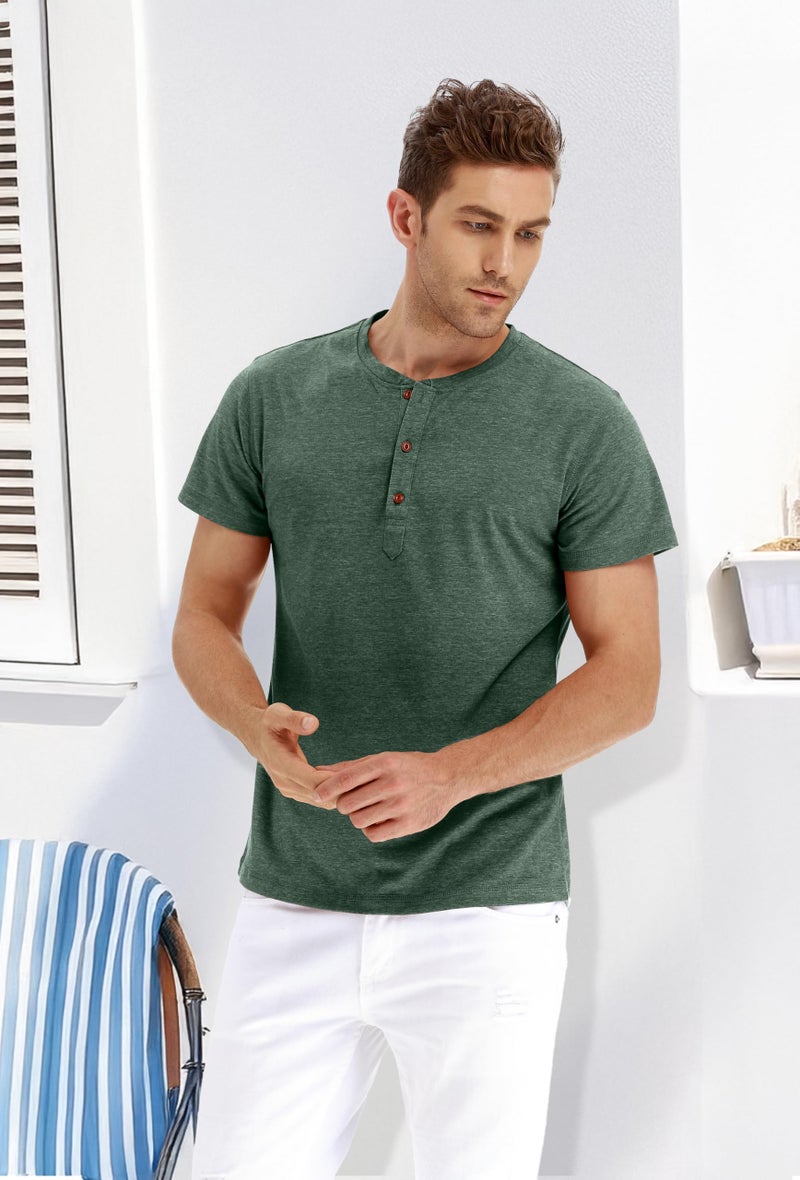 PEGENO Men's Casual Slim Fit Short Sleeve Henley T-Shirts Cotton Shirts (US Large, 01 Vg-Green) - Image 4