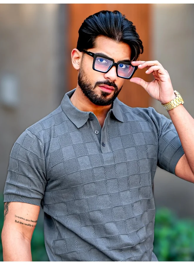 مانياك Maniac Mens Chess Textured Rib Navy Polo Neck Half Sleeve Cotton Tshirt