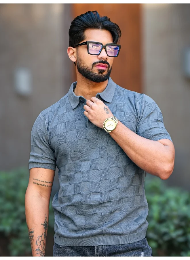 مانياك Maniac Mens Chess Textured Rib Navy Polo Neck Half Sleeve Cotton Tshirt