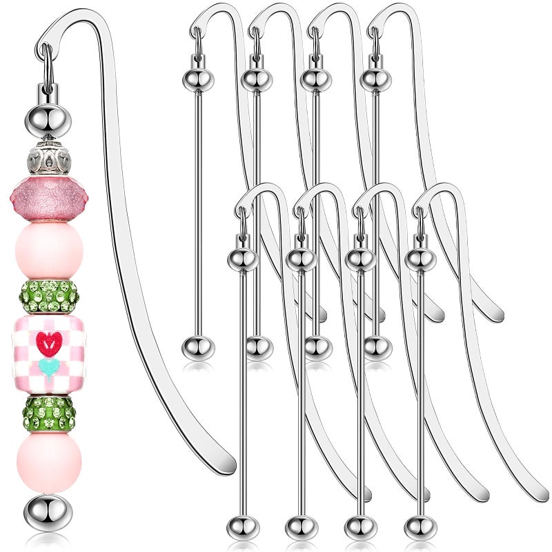 Dunzoom 8 Pcs Beadable Bookmarks DIY Metal Blank Bar Bookmark for Beads Modern Beaded Craft Jewelry Pendant Charm Gift for Book Lovers Student Teacher Office Supplies(Silver) - Image 1