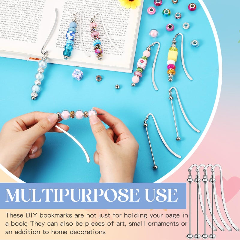 Dunzoom 8 Pcs Beadable Bookmarks DIY Metal Blank Bar Bookmark for Beads Modern Beaded Craft Jewelry Pendant Charm Gift for Book Lovers Student Teacher Office Supplies(Silver) - Image 2