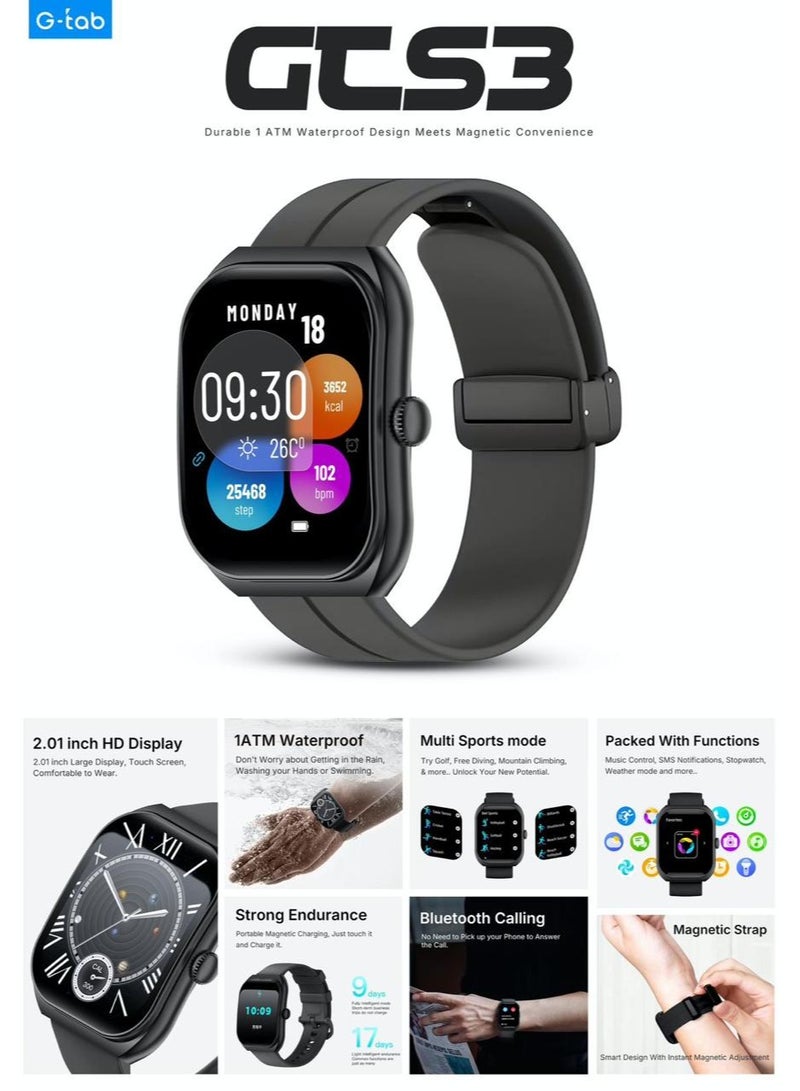 ساعة جي تاب جي سي إس 3 الذكية – شاشة تعمل باللمس بالكامل 1.32 بوصة عالية الدقة، مكالمات بلوتوث، تتبع اللياقة البدنية والصحة المقاومة للماء مع أوضاع رياضية متعددة، مراقب معدل ضربات القلب والنوم للرجال والنساء