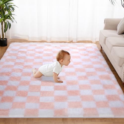 TOOHUB Super Soft Rug for Bedroom, 5x7 Ft Pink and White Area Rug Classic Checkered Shaggy Anti-Skid High Pile Soft Fluffy Rug Fuzzy Carpet for Living Room Bedroom Kids Room Nursery, Dorm Home Decor - Image 1