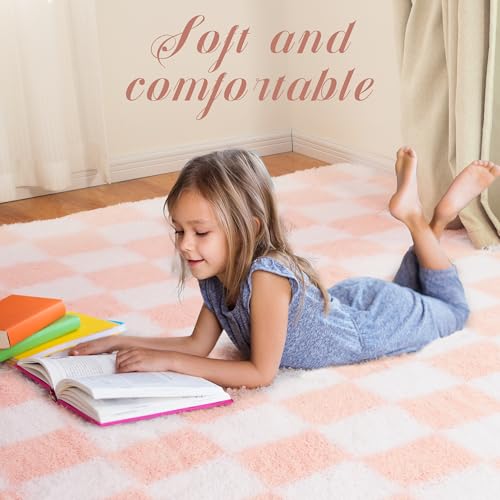 TOOHUB Super Soft Rug for Bedroom, 5x7 Ft Pink and White Area Rug Classic Checkered Shaggy Anti-Skid High Pile Soft Fluffy Rug Fuzzy Carpet for Living Room Bedroom Kids Room Nursery, Dorm Home Decor - Image 5