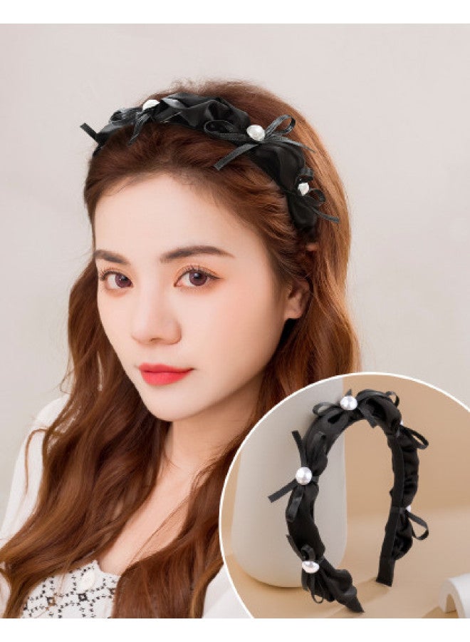 عصابة شعر Black Bow Imitation Pearl، عصابة شعر عصرية أنيقة على الطراز القديم ذات تاج مرتفع، إكسسوارات شعر - Image 1