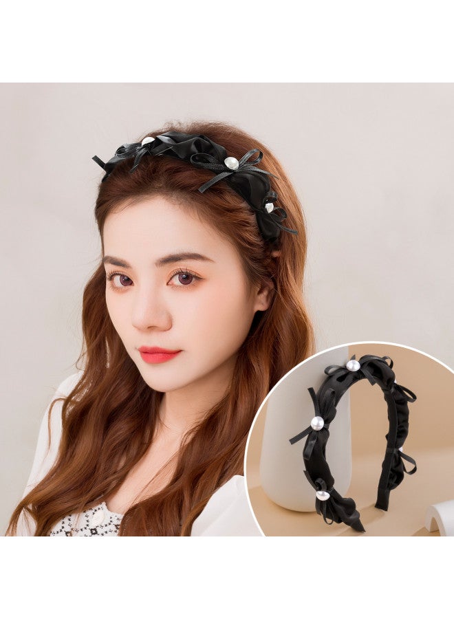 عصابة شعر Black Bow Imitation Pearl، عصابة شعر عصرية أنيقة على الطراز القديم ذات تاج مرتفع، إكسسوارات شعر - Image 2