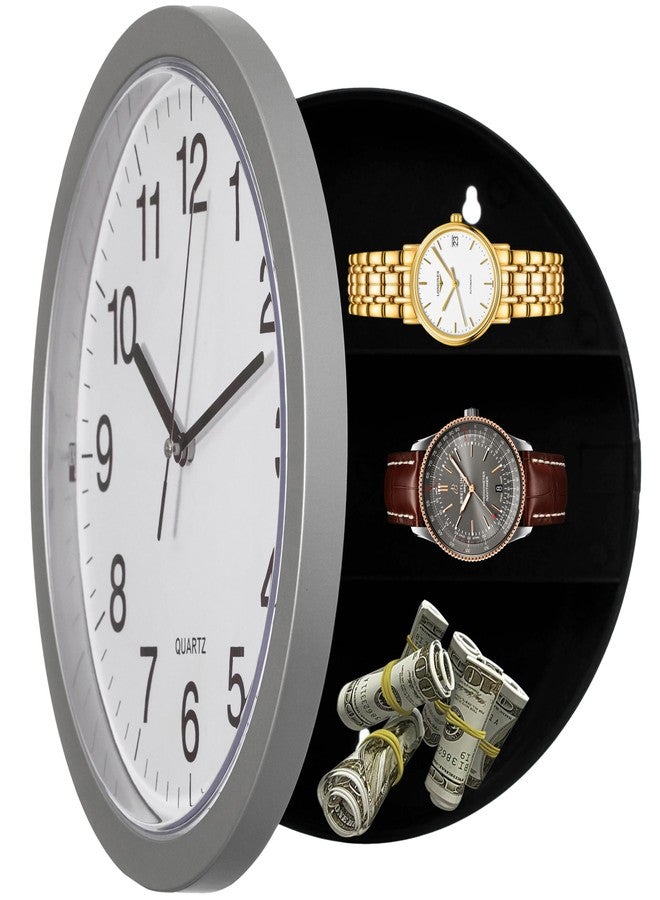 Clockswise 10in Wall Mounted Clock with Hidden Storage Door Stylish Safe for Valuables Featuring Secret Interior Compartment Diversion Box for Kitchen, Living Room Decor and Home Organization (Silver) - Image 1