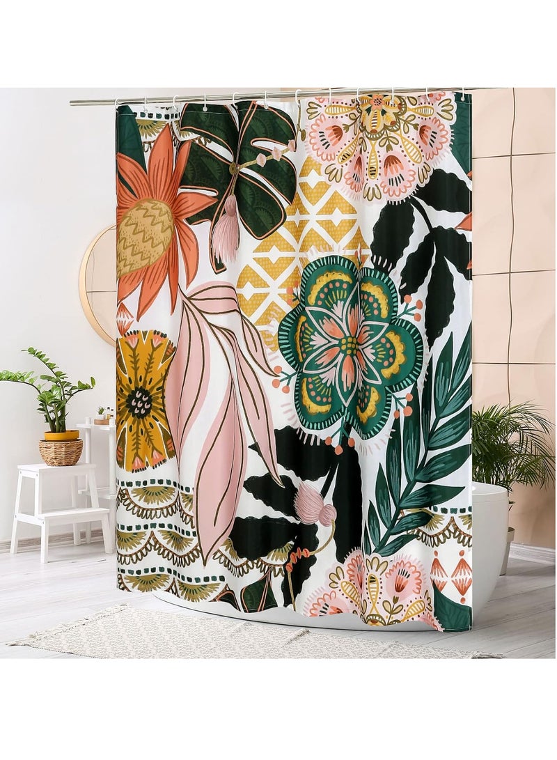 KASTWAVE Floral Shower Curtain Set, with Hooks, Tropical Leaves Fabric Cloth Shower Curtains, Watercolor Plant Leaves with Floral Bathroom Shower Curtain, for Rustic Vintage Bathroom Decor, 70x70  - Image 2