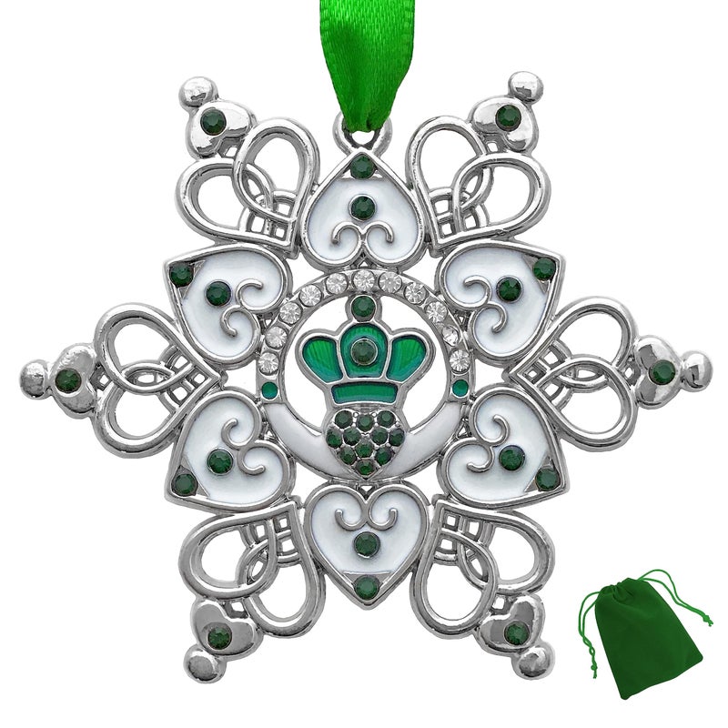 BANBERRY DESIGNS Irish Christmas Ornament - Claddagh - Irish Snowflake - Filigree Metal and Jewels - Irish Gift - Gift/Storage Bag Included Measures 3"" X 3"" - Image 1