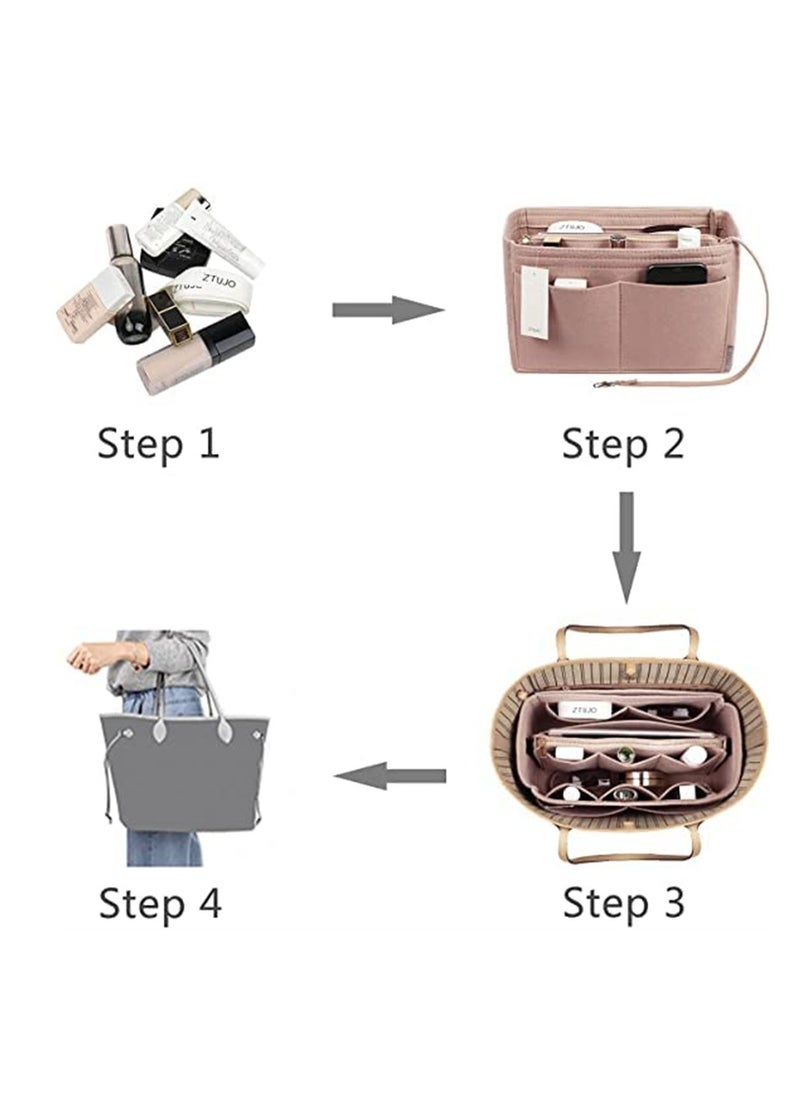 ماركة غير محددة Felt Handbag Organizer Insert Portable Purse Organizer for Speedy Neverfull Tote Bag with Zippers and Thick Design Beige  - Image 5