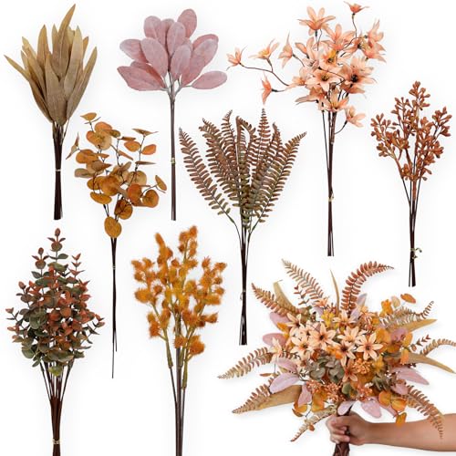 FOTEEWL 75 Pcs Artificial Greenery Stems Box Setwith 8 Kinds of Faux Plants and Fake Flowers for DIY Bridal Bouquets Wedding Floral Arrangement Table Centerpieces Fall Decoration Orange - Image 1