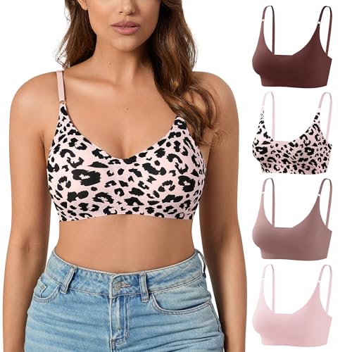 DEANGELMON 4 Pieces V Neck Bralettes Padded Seamless Adjustable Straps Bra Everyday Basic Sleeping Bras (4P7,M) - Image 1
