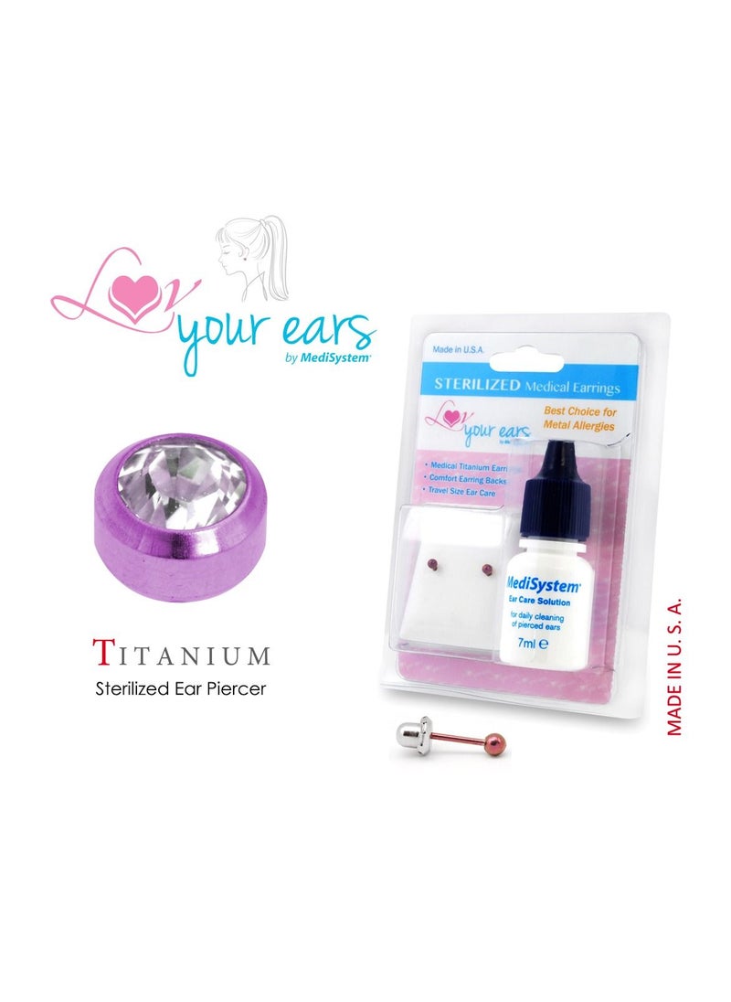 MediSystem Sterilized Medical Earrings Purple Titanium 4mm Crystal Bezel, Made in USA  - Image 1