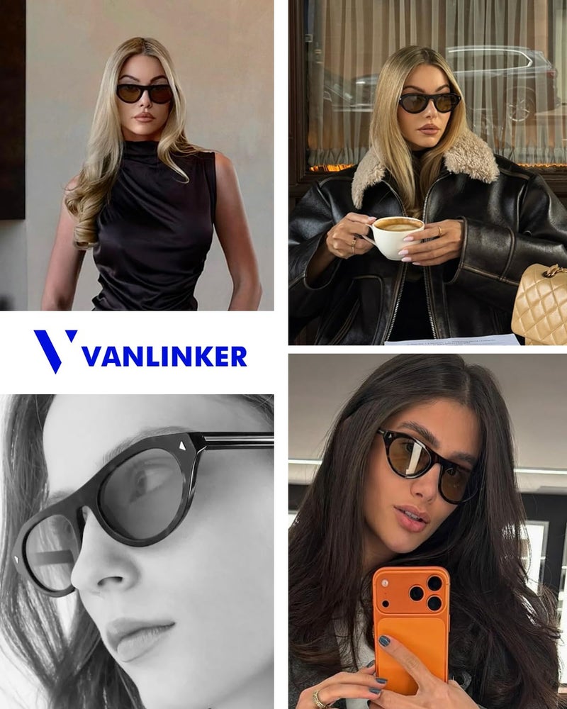 VANLINKER Retro Small Oval Sunglasses for Women Men Trendy Narrow Round Cateye Shades VL9915,Black - Image 2