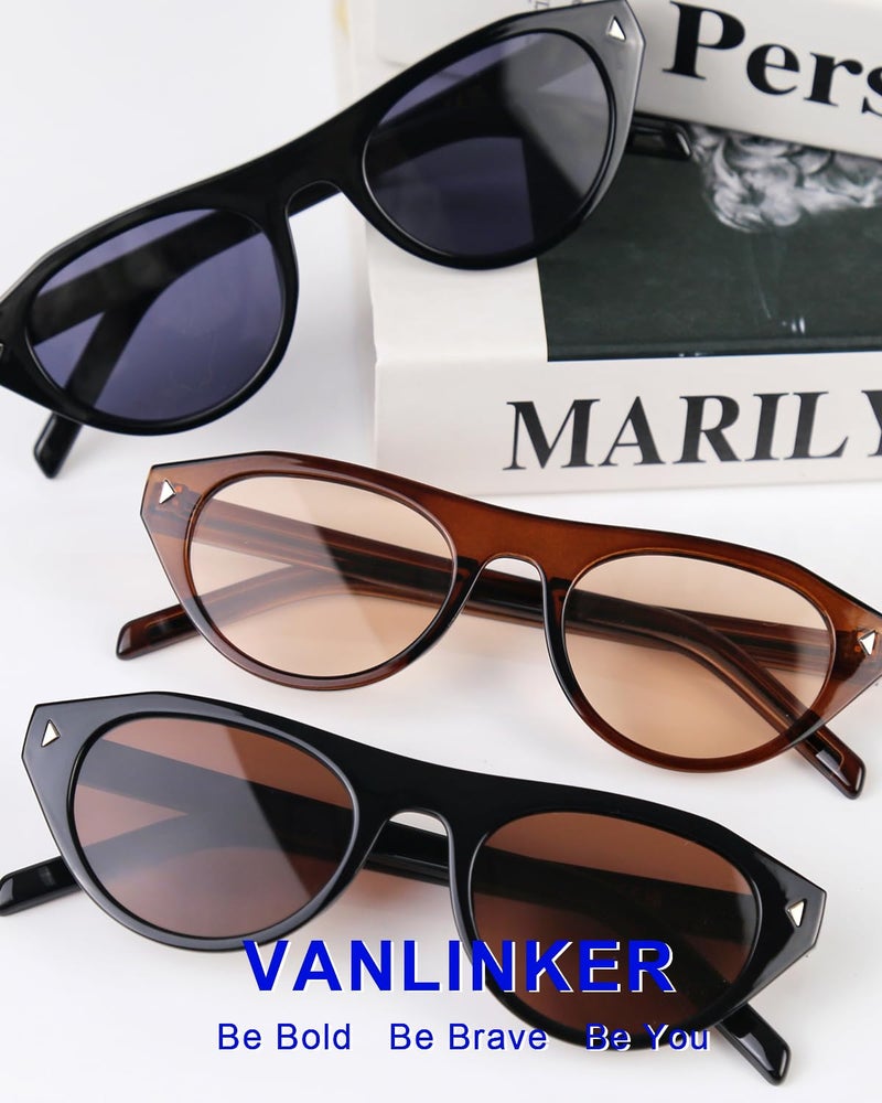 VANLINKER Retro Small Oval Sunglasses for Women Men Trendy Narrow Round Cateye Shades VL9915,Black - Image 3