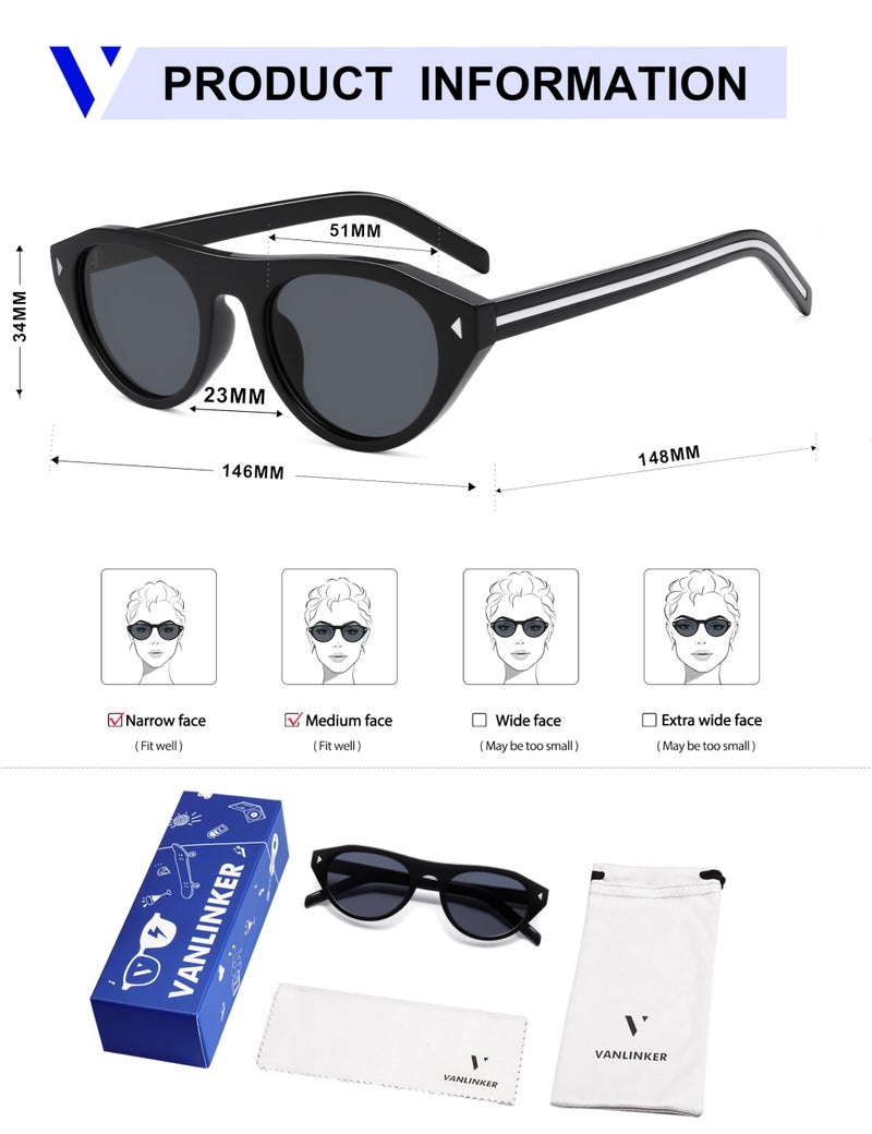VANLINKER Retro Small Oval Sunglasses for Women Men Trendy Narrow Round Cateye Shades VL9915,Black - Image 5