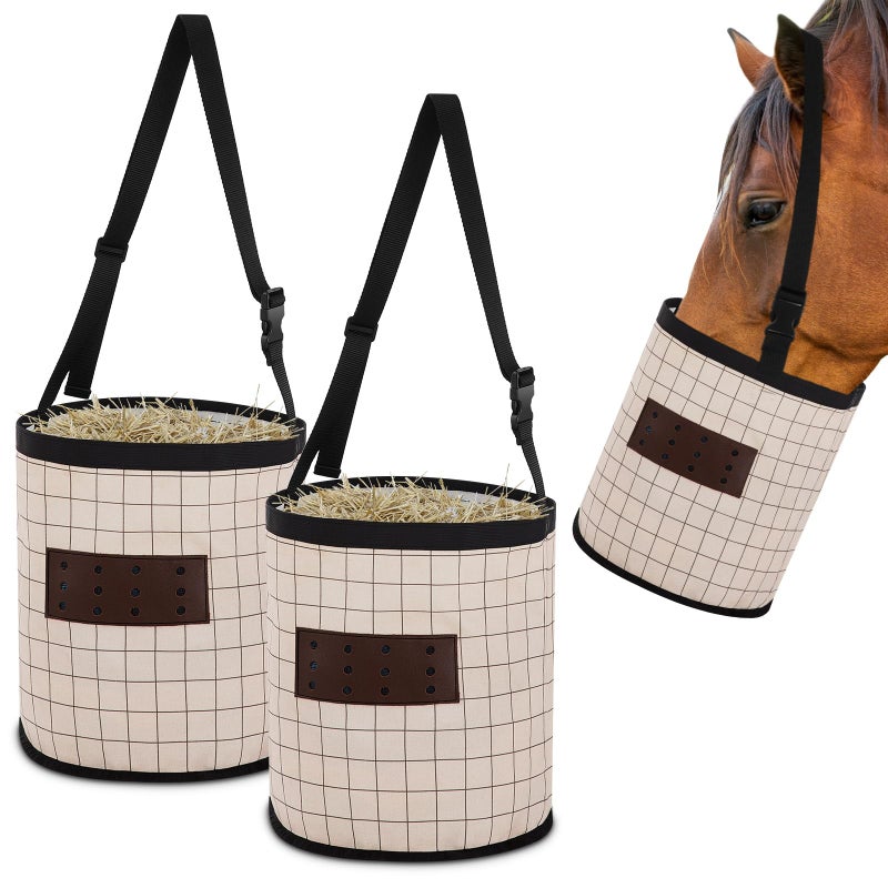 Cosblank 2 Pack Horse Feed Bags 13 Inch in Depth Vented Leather Canvas Horse Food Bucket with Adjustable Strap Waterproof Hay Feeding Supplies, Safety and No-Spill Flap Design - Image 1