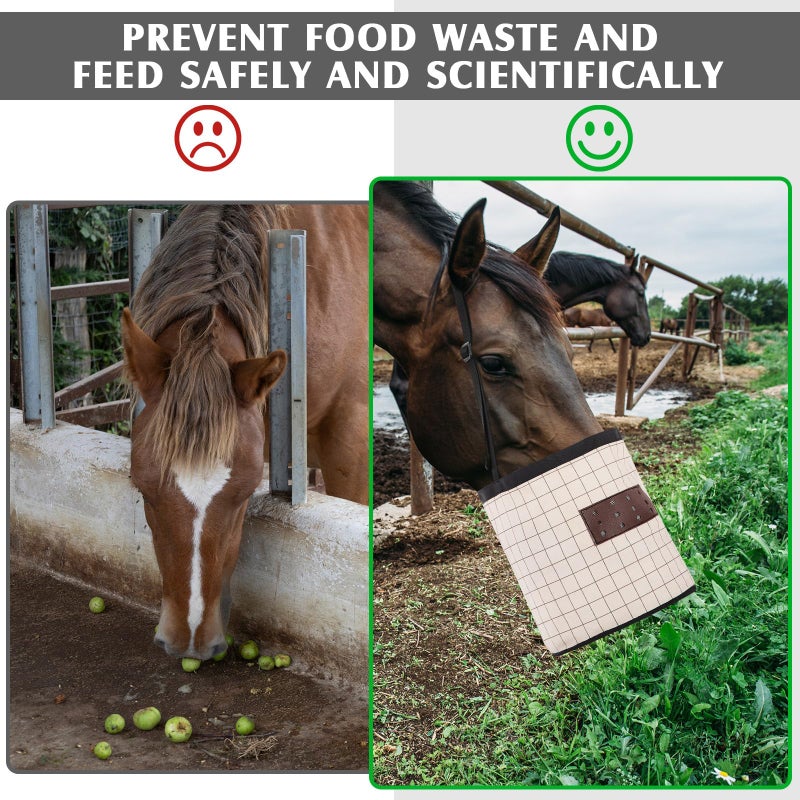 Cosblank 2 Pack Horse Feed Bags 13 Inch in Depth Vented Leather Canvas Horse Food Bucket with Adjustable Strap Waterproof Hay Feeding Supplies, Safety and No-Spill Flap Design - Image 5