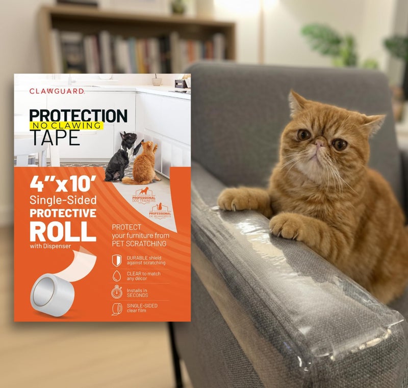 CLAWGUARD Protection Tape Roll â€“ 4 in x 10 ft Single-Sided Scratch Barrier â€“ Door Scratch Protector Dog & Cat â€“ Couch Cat Scratch Protector