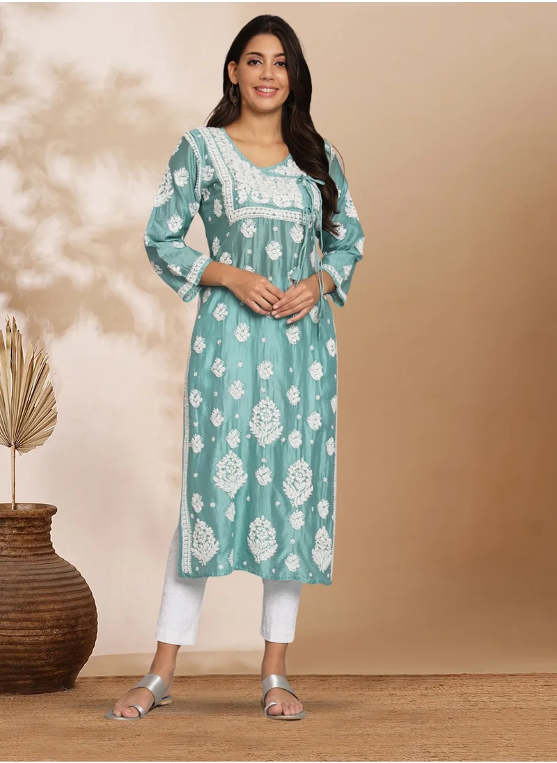 Alaya Hand Embroidered Chikankari Chanderi Angarkha Kurta With Mukaish Work-AL3672