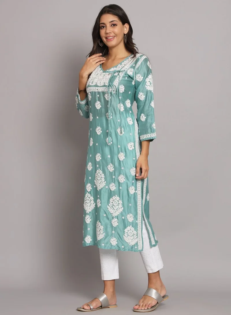 Alaya Hand Embroidered Chikankari Chanderi Angarkha Kurta With Mukaish Work-AL3672