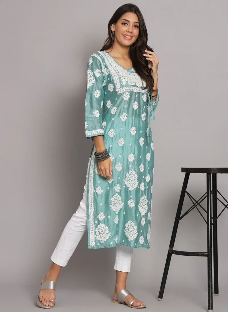 Alaya Hand Embroidered Chikankari Chanderi Angarkha Kurta With Mukaish Work-AL3672